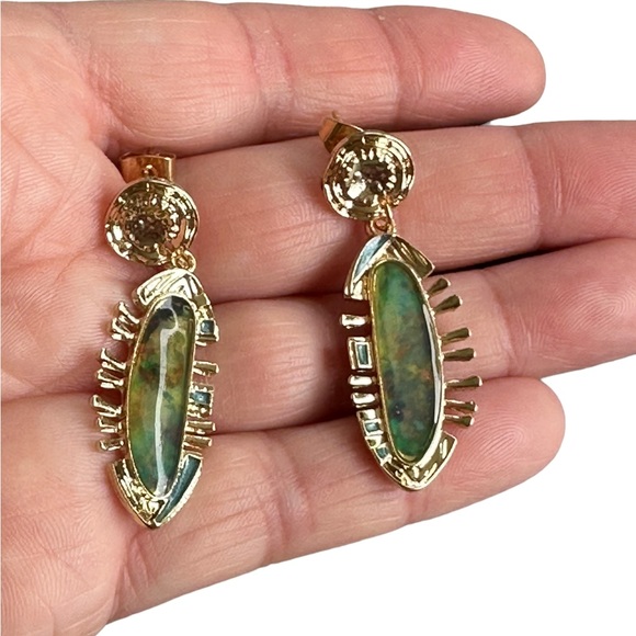 Gold and Green Abstract Drop Earrings - Picture 4 of 5